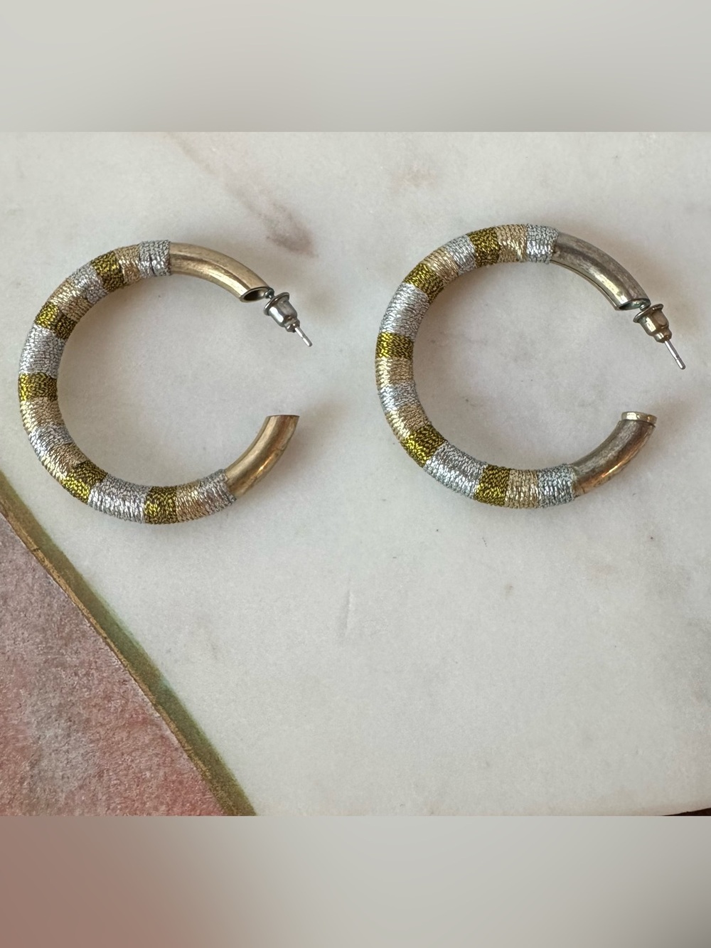 Vintage 80s 90s Two-Tone Gold Silver Textured Wrapped Hoop Earrings